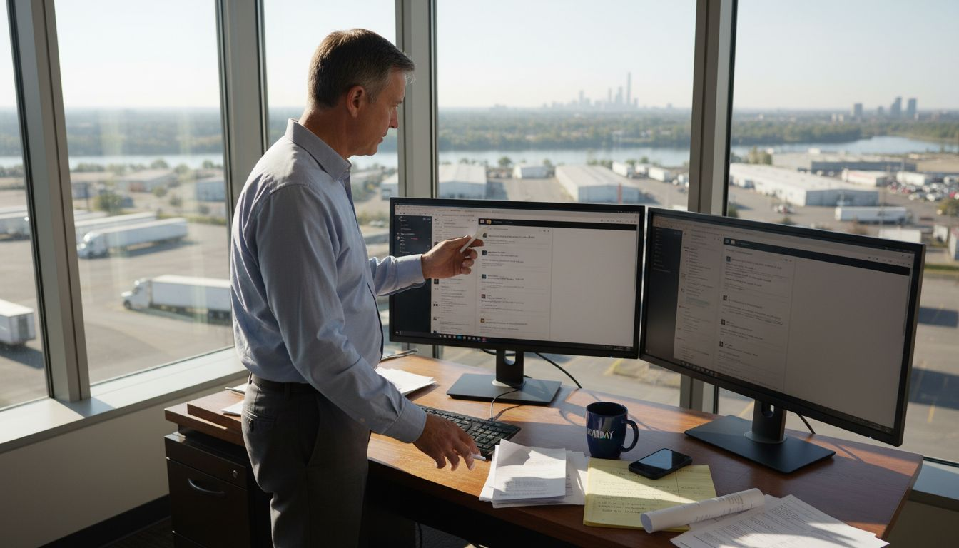 Recruiter reviewing resumes in corner office