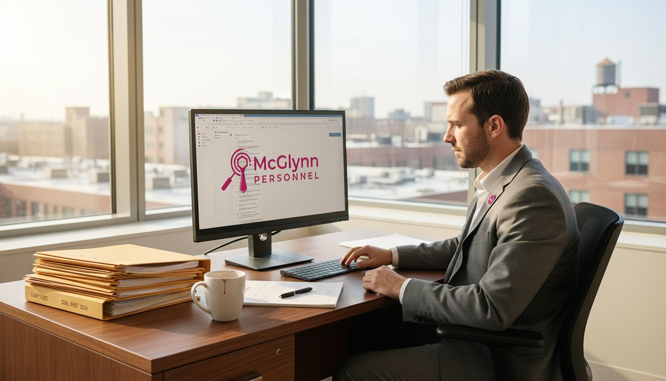 Hiring manager reviews resumes in office