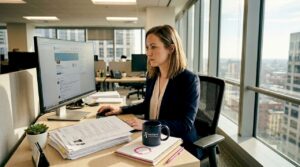 Recruiter reviewing candidate profiles in office