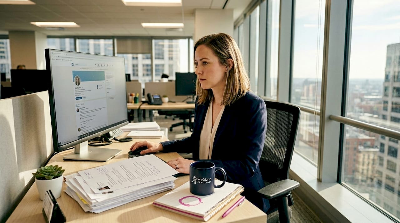 Recruiter reviewing candidate profiles in office