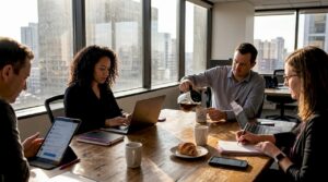 HR professionals meeting in corner office