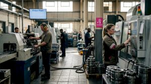 Workers operating machines on factory floor
