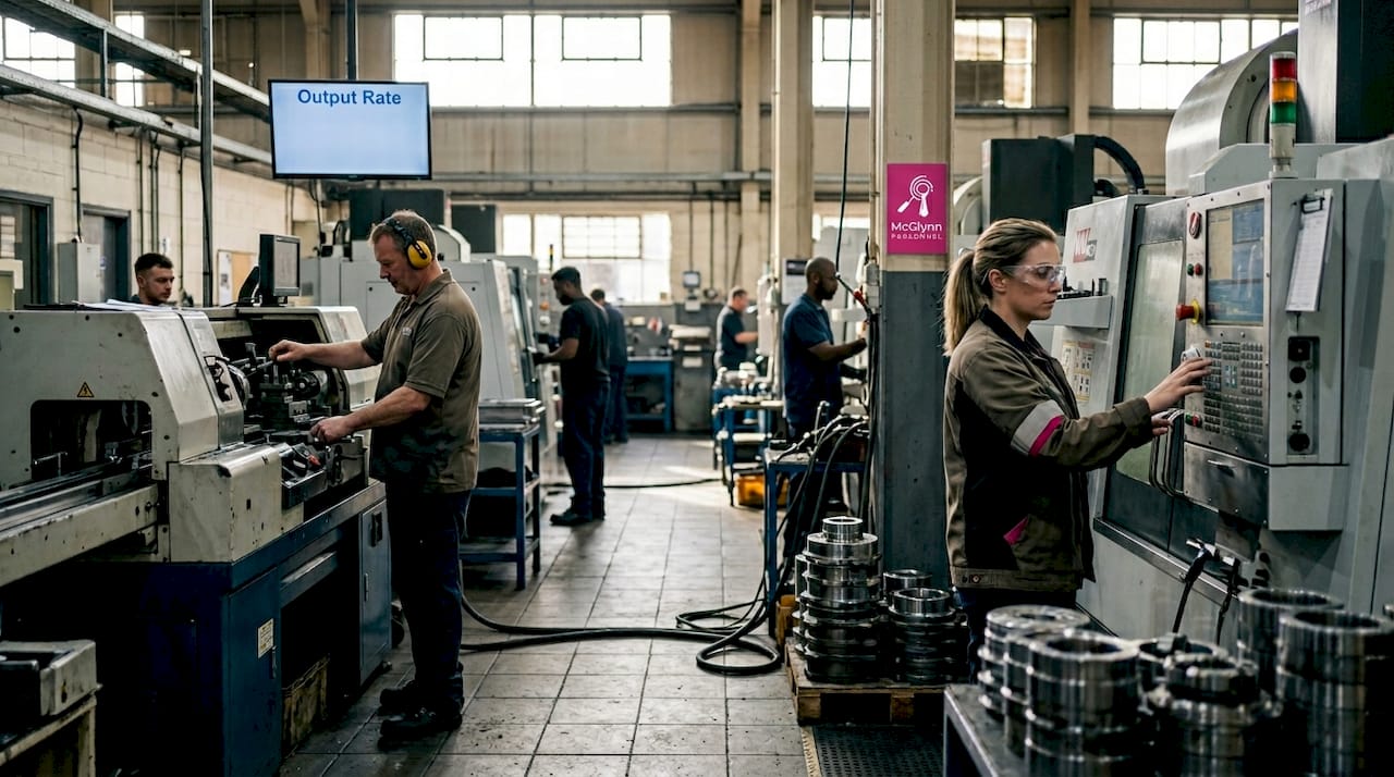 Workers operating machines on factory floor